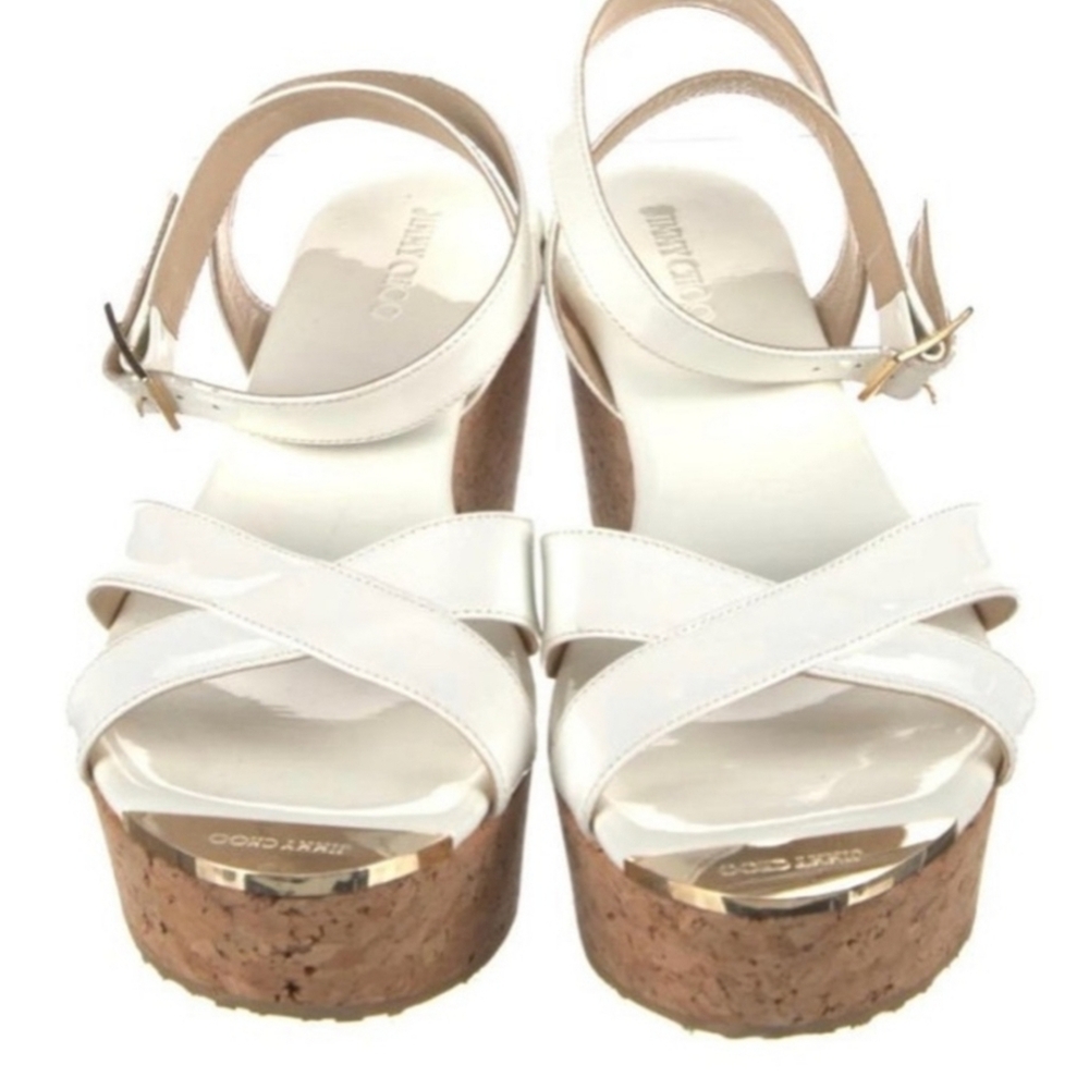 Jimmy Choo Chiara Crossover Cream Patent Leather Wedge Sandals Size 7.5